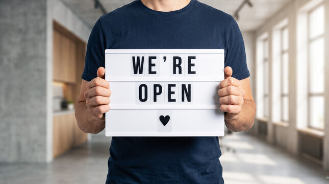 Entrepreneur man holding we are open sign in modern office space with business