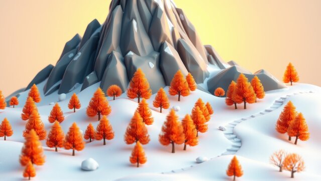Low poly mountain landscape. Orange trees cover snowy hills. Soft sunset colors create calm scene. Minimalist design.