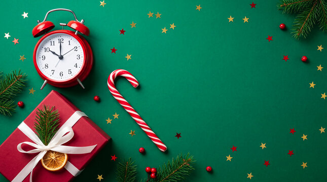 Holiday countdown background with red alarm clock and christmas gift on green