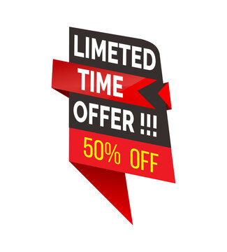 Limeted Time Offer!!! 50% Off Typography on a Red and Black Banner Design with a Pointed Arrow Shape