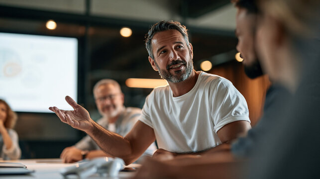 Photorealistic entrepreneur presenting a concise business pitch to a small group of investors, confident but natural body language, prototype on the table, presentation screen