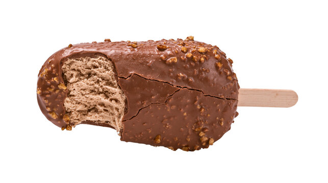 Chocolate ice cream bar with crunchy nuts cracked coating, isolated on transparent background