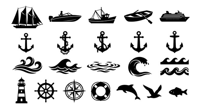 Nautical Vector Icons Set: Sailing Ships, Anchors, Waves, Lighthouses, Marine Life, and Navigation Symbols for Maritime Design