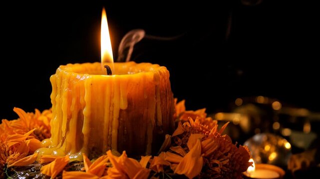 Burning beeswax candle surrounded by bright orange marigold petals with rising smoke for Day of the Dead alter decorations. Dark background with warm glowing light and copy space.