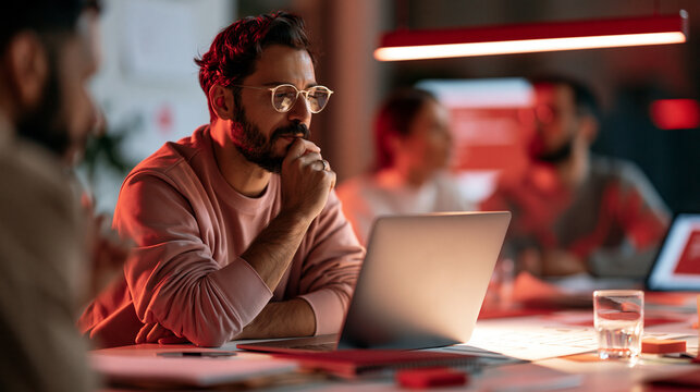 Photorealistic product designer calmly reviewing negative user feedback on a laptop during a team improvement session, thoughtful expression rather than anger, colleagues