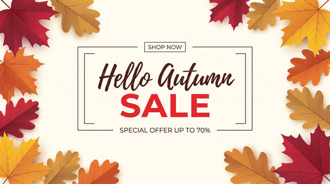 Hello autumn sale seasonal promotion banner with colorful fall leaves frame