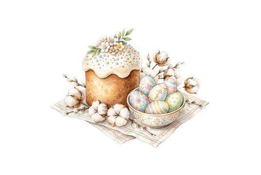 Traditional Easter Kulich cake decorated with flowers and sprinkles, served alongside painted eggs in a bowl with cotton branches.