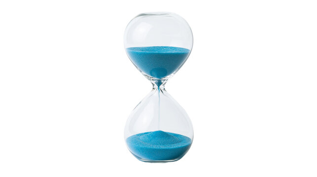 Glass hourglass with blue sand flowing, isolated on transparent background