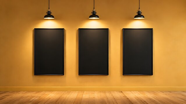 Three empty art frames arranged on orange wall with warm pendant light features.