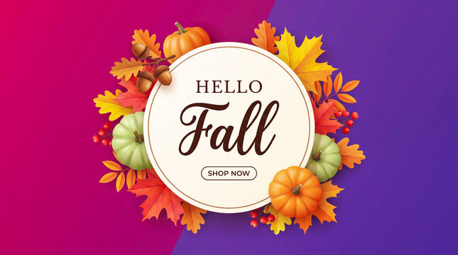 Hello fall sale circular frame surrounded by pumpkins and autumn leaves