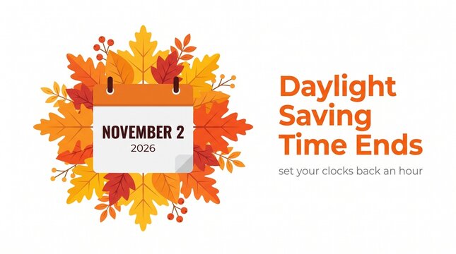Daylight saving time ends calendar page with autumn leaves graphic 2026