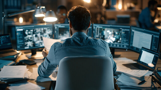 Photorealistic investigative journalist verifying a claim by comparing original documents, archived photographs and digital records, careful evidence-based workflow, desk arranged