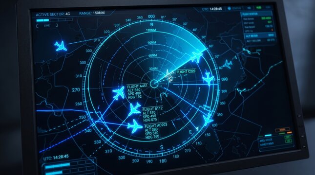 Digital Air Traffic Radar Monitor Screen showing Aircraft Tracking and Flight Data in Active Sector