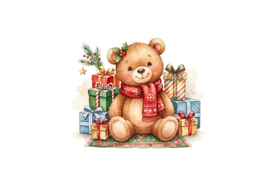 Adorable watercolor teddy bear wearing a red patterned scarf sitting amongst wrapped Christmas gifts and holly leaves.