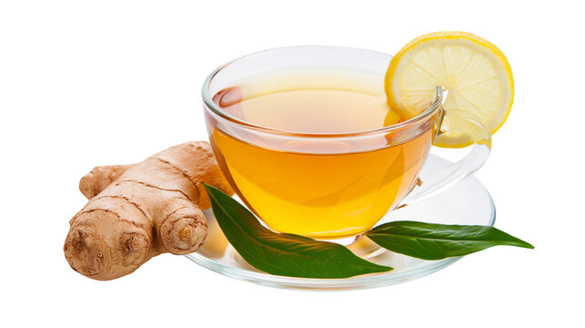 Hot ginger tea in a glass cup with lemon slice and fresh ginger root, isolated on transparent background