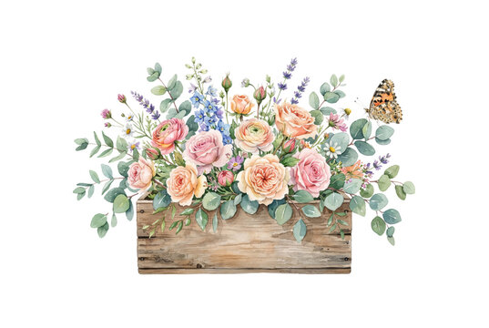Wooden planter box filled with colorful watercolor roses, eucalyptus leaves, lavender, and a perching butterfly.