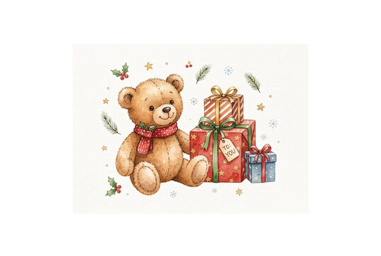 Adorable watercolor teddy bear wearing a scarf seated next to festive wrapped Christmas presents, gift tags, pine needles, and snowflakes for holiday invitations and nursery prints.