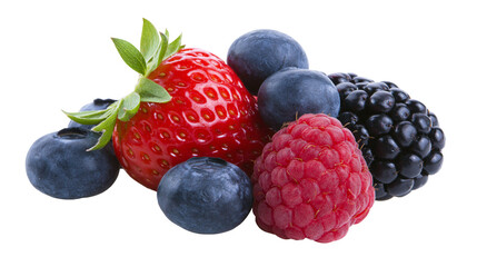 Fresh red strawberry ripe blueberries raspberries and blackberries, isolated on transparent background © Giulia