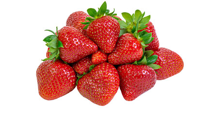 Heap of ripe red strawberries with green leaves, isolated on transparent background © Giulia