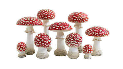 Group of red and white spotted fly agaric mushrooms, isolated on transparent background © Giulia