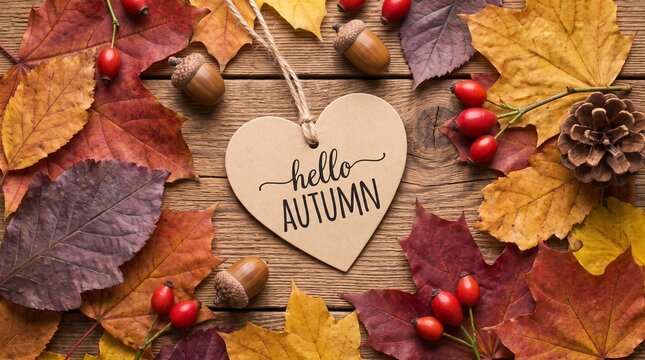 Heart shaped tag with hello autumn text amidst fall leaves seasonal september