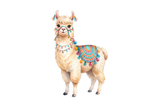 Boho watercolor llama art decorated with colorful neck beads, tassels, pom poms, and patterned saddle, suitable for South American themed designs, nursery, and stickers.
