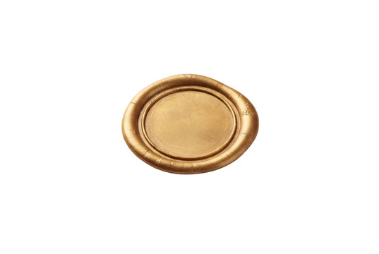 Metallic gold wax seal stamp design element, smooth blank round wax seal template for wedding invitations, vintage letter sealing, envelope decoration, and branding clip art.