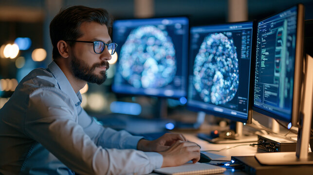 Photorealistic data scientist training a machine learning model in a contemporary technology workspace, studying visual data patterns on multiple monitors with abstract