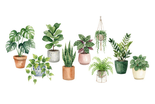 Set of watercolor potted house plants including monstera, snake plant, ZZ plant, pothos, and string of pearls in ceramic pots for home decor and garden art.