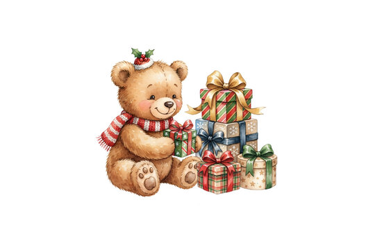 Cute Christmas teddy bear sitting with wrapped gift boxes, wearing a red striped scarf and santa hat with holly, perfect for holiday greeting cards and prints.