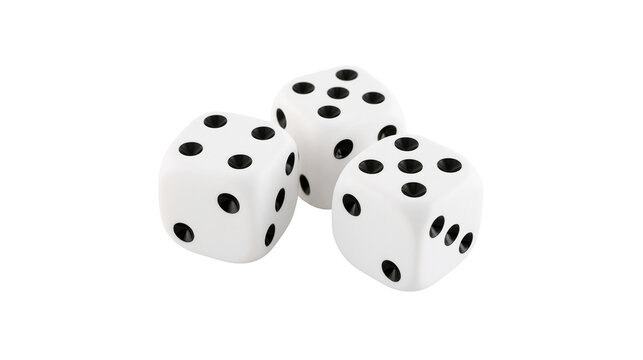 Three white dice with black dots showing different numbers, isolated on transparent background