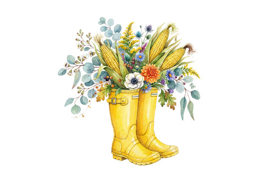 Rustic watercolor autumn illustration with yellow rain boots filled with a harvest bouquet of cobs of corn, dahlias, eucalyptus, and wild foliage.