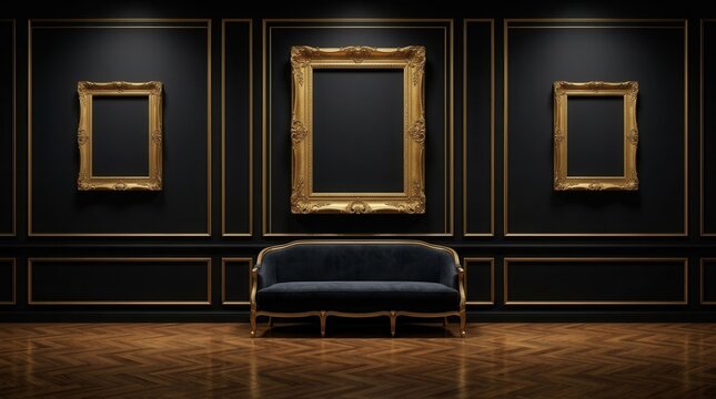 Royal black wall in an antique art fair gallery with frames for museum exhibition and auction house mockup design artwork concept.