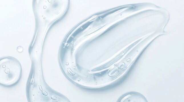 Hyaluronic acid moisturizer smear with clear liquid foundation blobs, glycerin gel makeup primer, and anti aging hydro serum isolated on white.
