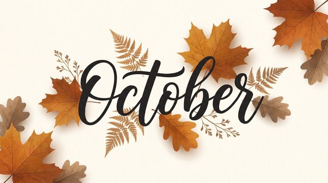 October handwritten text surrounded by colorful autumn leaves with seasonal