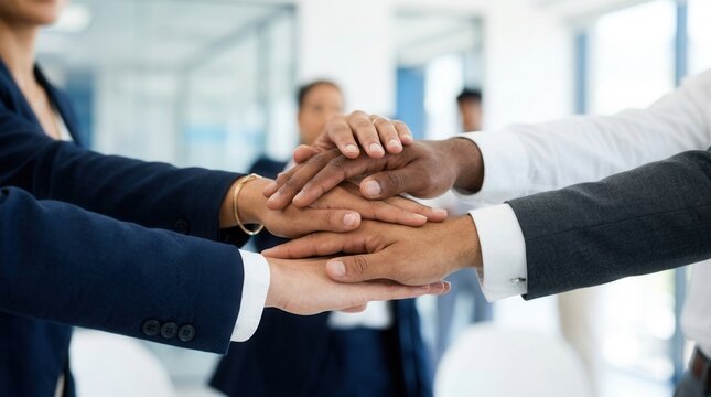 Business cooperation for environmental goals with a stack of hands showing unity and ESG governance policy.