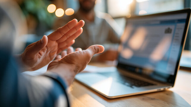 Photorealistic office employee pausing before opening a suspicious email and consulting an IT security specialist, laptop showing a blurred message with an unusual attachment