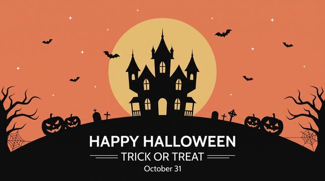 Happy halloween trick or treat background with haunted house and pumpkins