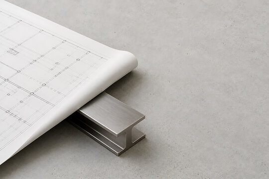 I-beam steel girder segment resting on a textured concrete surface with construction material industrial building structure architecture engineering component metallic concrete strength