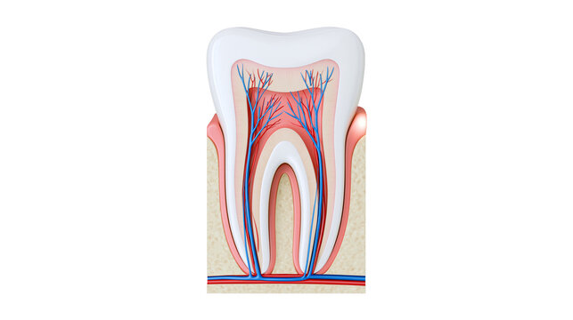 Cross-section of a human tooth showing enamel dentin pulp nerves and blood vessels, isolated on transparent background