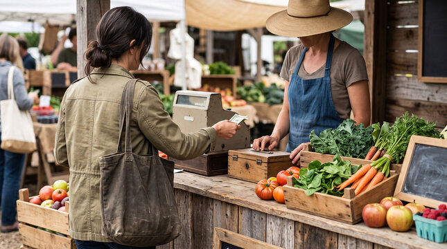 vegan client buying ethically sourced fresh organic vegetables and fruits from a vendor at a local farmers market