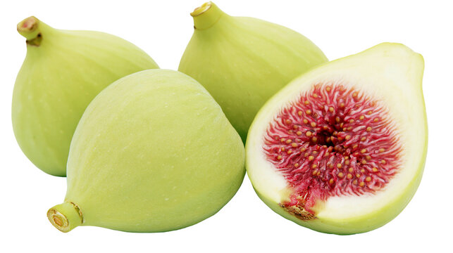 Four ripe green figs one cut in half revealing red pulp and seeds, isolated on transparent background