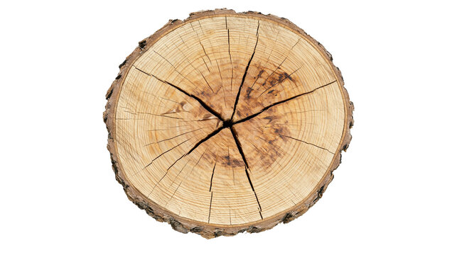 Cracked tree trunk cross-section with visible growth rings, isolated on transparent background