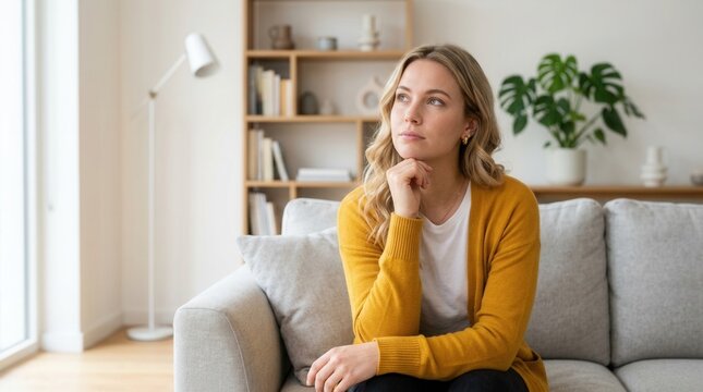 Woman sitting on a home sofa, thoughtful and contemplating a decision or idea with her hand on her chin