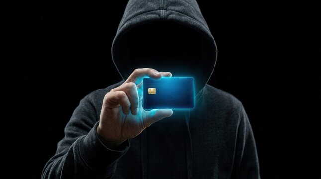 Financial cybercrime and digital security threats illustrated by an anonymous hooded figure holding a blue credit card.