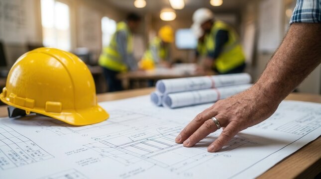 Engineers performing a construction blueprint review and analyzing plans for building and infrastructure development