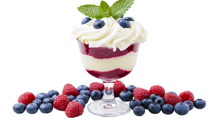 Creamy berry parfait with fresh blueberries and raspberries, isolated on transparent background © Giulia