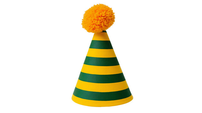 Yellow and green striped party hat with orange pompom, isolated on transparent background