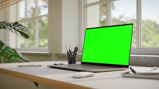 Laptop with Green Screen Mockup on Desk in Minimalistic Office Interior - Perspective Angle View