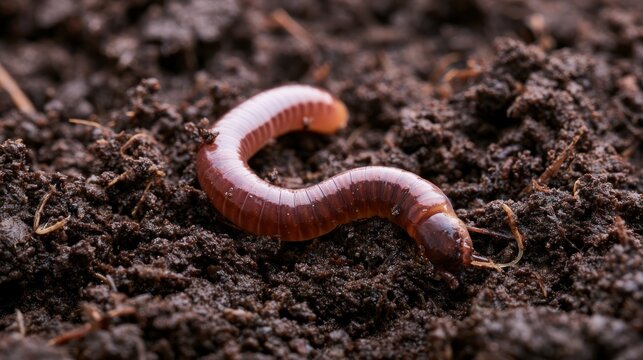 Earthworm in rich soil outdoors